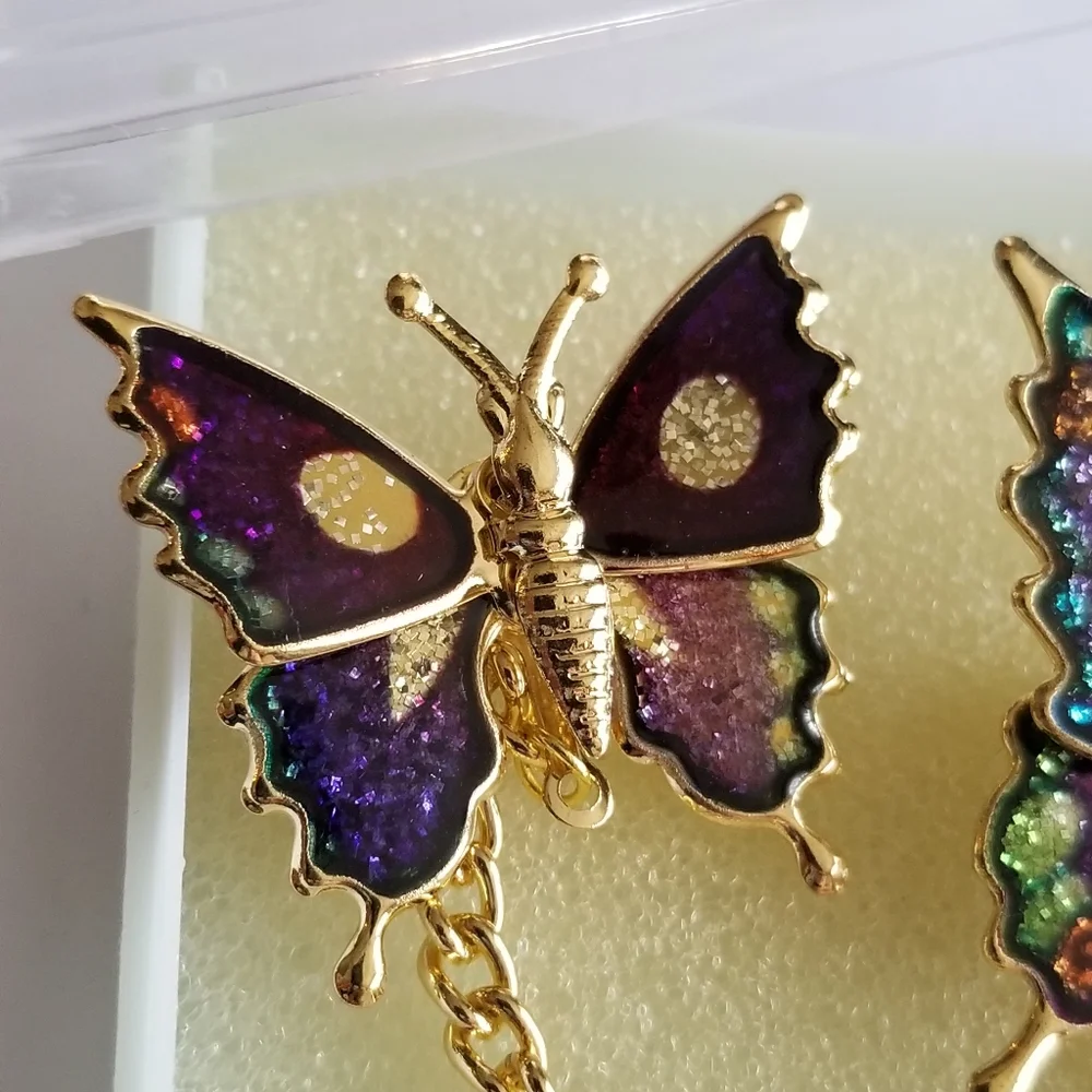 Vintage glitter butterfly brooch set New old stock Gold tone insect bug …